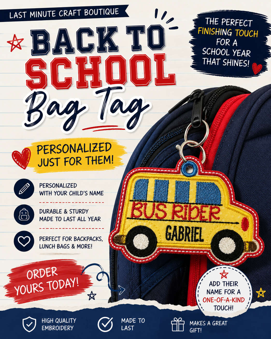 Embroidery- Bus Rider Bag Tag